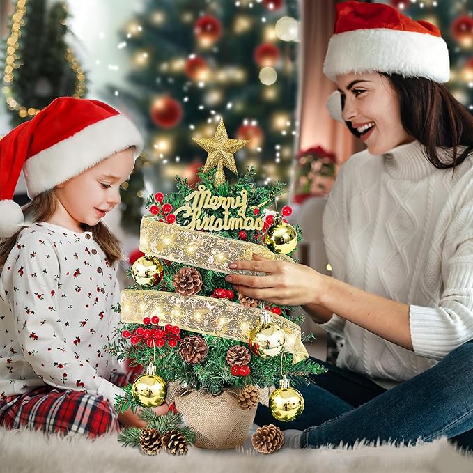 2FT Tabletop Mini Christmas Tree, 24 Inch Small Artificial Christmas Tree with Silk Ribbon Light, Star Treetop, DIY Ornaments, New Xmas Pine Tree Decoration for Kid Friend Family Holiday Home Office