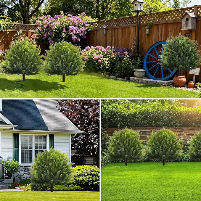24" Artificial Plants Topiary Cedar Tree Indoor, Set of 2 Faux Plants Outdoor UV Resistant Fake Shrubs for Front Porch Garden Decor with Ground Spike