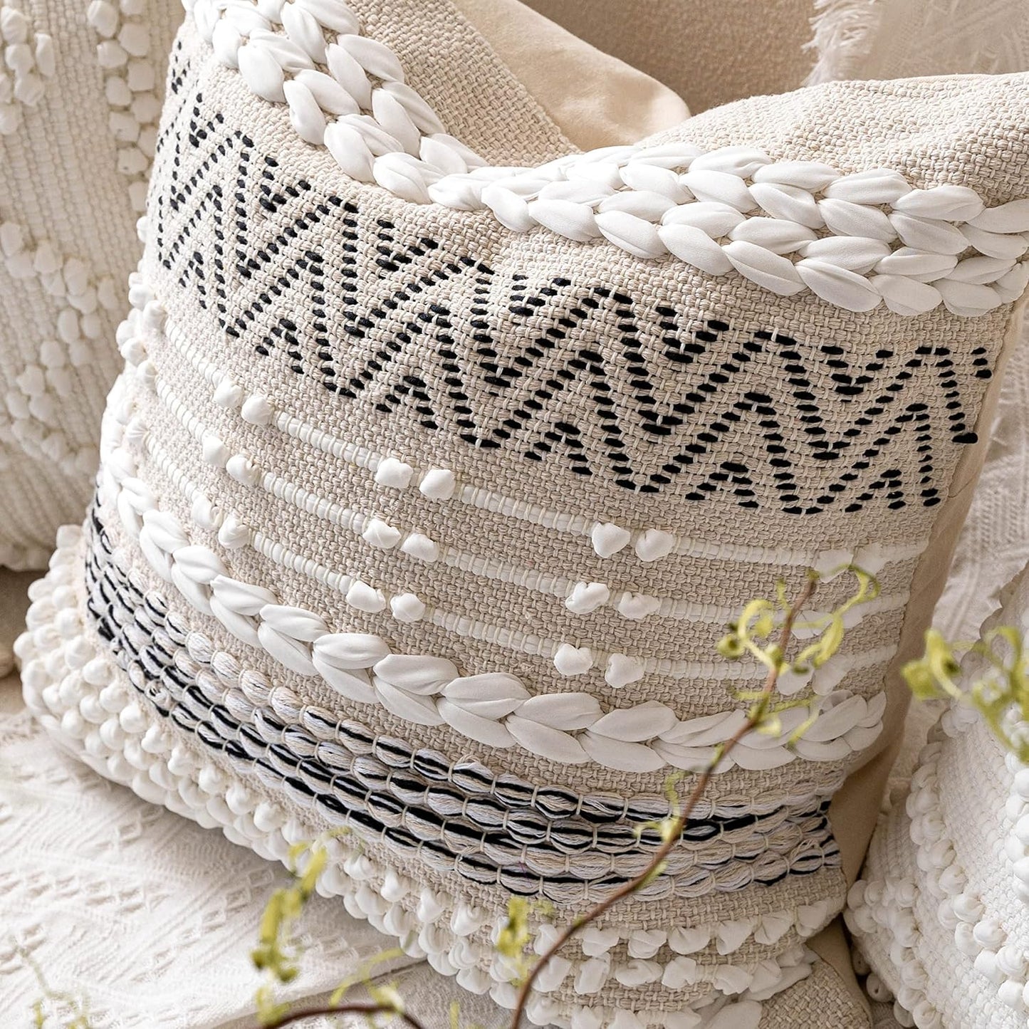 BlissBlush Cream White Boho Throw Pillow Cover 20X20, Decorative Neutral Accent Pillow for Couch, Square Woven Textured Pillowcase, Modern Boho Pillow for Bed, Bohemian Pillow Cover (Pack of 1)