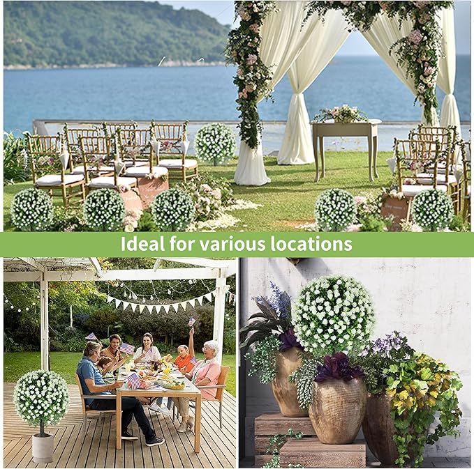 27.2" Artificial White Rose Topiary Set of 2 with Spike, Fake Plants Boxwood Ball Greenery Shrubs, Uv Resistant Push in Flowers Artificial Bushes for Outdoor Front Porch Decor Home Faux Plants Indoor