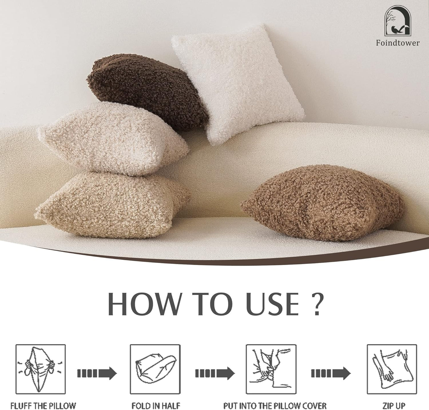 Foindtower 2 Pieces 20x20 Inch Chocolate, Faux Fur Throw Pillow Cover Accent Sherpa Pillow Fuzzy Soft Pillowcases Sheepskin Decorative Fleece Cushion Case for Bed Couch Living Room