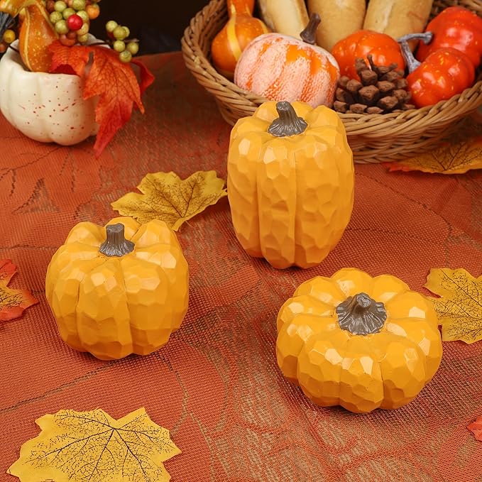 winemana Pumpkins Fall Decorations for Home & Thanksgiving- Set of 3 Artificial Pumpkin Centerpiece for Table Runner, Office, Indoor Mantel & Porch, Autumn Harvest Decor (Yellow)
