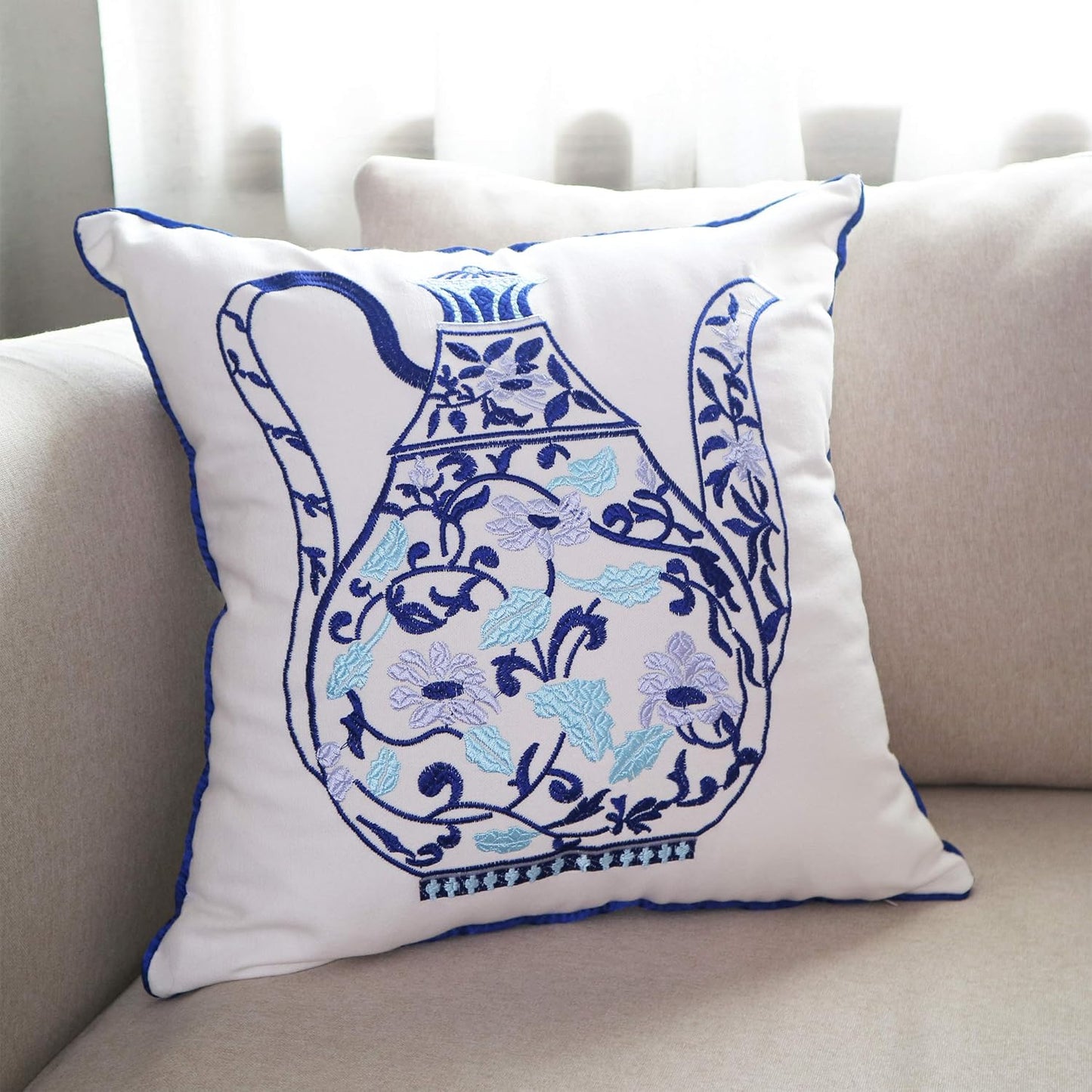 Embroidery Throw Pillow Covers 18x18 Home Décor Floor Pillows Cover for Couch 100% Cotton Cushion Cover 45x45cm Decorative Pillowcase, Chinese Blue and White Porcelain Bottles, 4 Pieces
