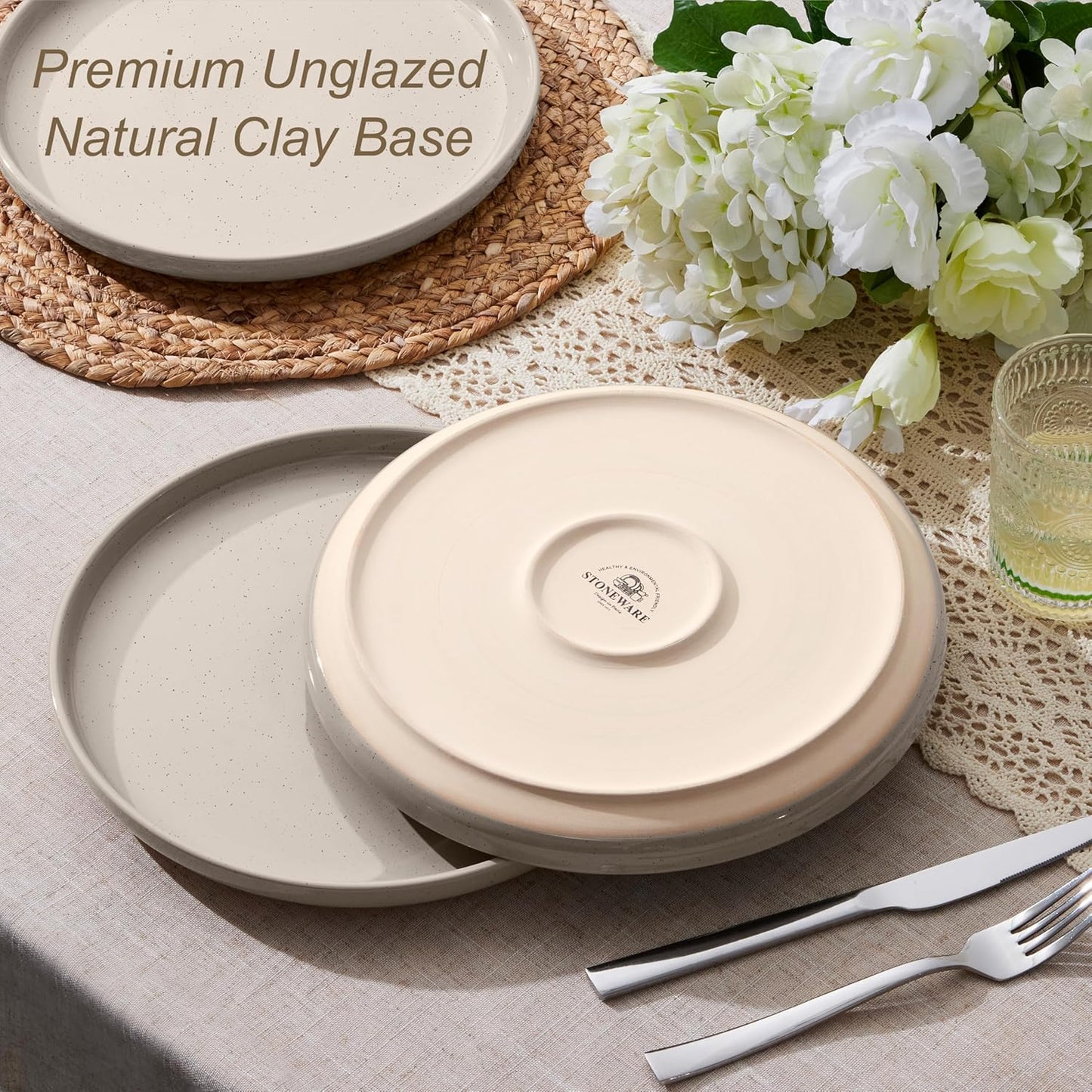 LIANYU 6Pcs Dinner Plates Set, 10.5 Inch Stoneware Kitchen Plates, Large and Round Ceramic Serving Dishes Set for Salad, Steak, Pasta, Stackable, Oven, Microwave & Dishwasher Safe, Milky Brown