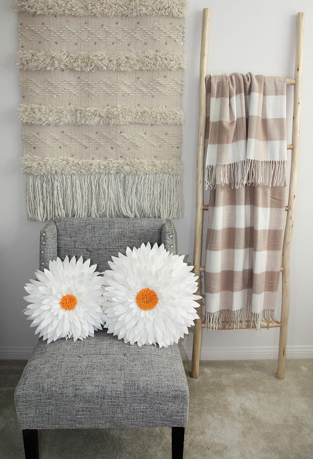 Contempo Lifestyles Design Patented 3D Daisy Flower Decorative Pillow - Couch & Bed Shaped Pillow (18" Flower, 16" With Insert, Ivory/Gold)