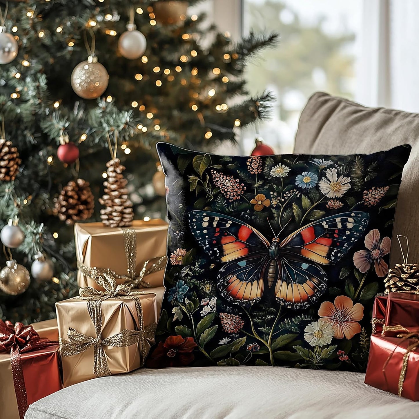 Gorgeous Butterfly Floral Pillow Covers 18x18, Dark Cottagecore Wildflower Botanical Moth Decorative Throw Pillow Covers for Bedroom Living Room Home, Butterfly Room Decor