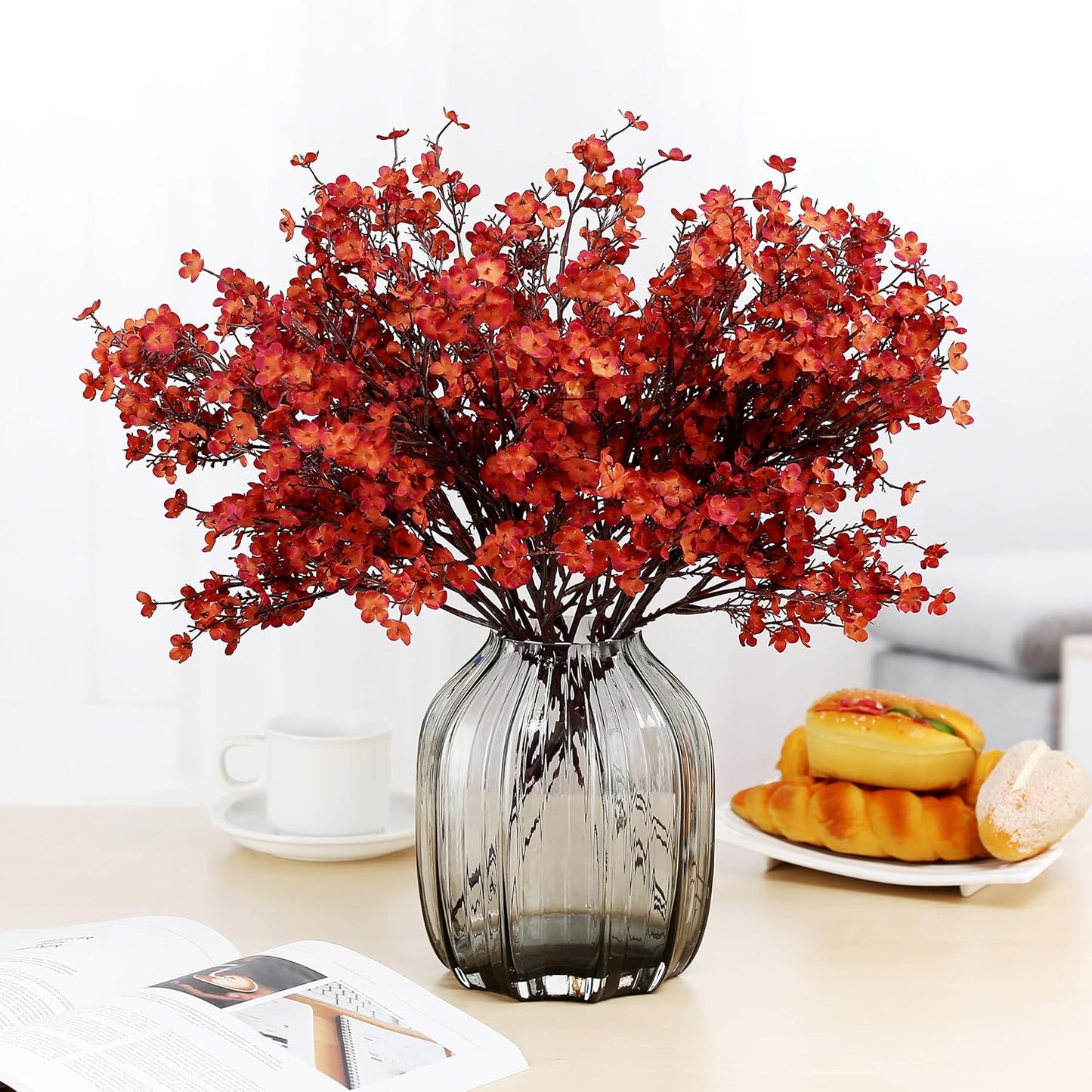 JAKY-Global Babys Breath Silk Artificial Flowers Bulk 20pcs for Fall Decor Fake Flower Bouquet Bulk for Home Kitchen Indoor Bouquet Floral Arrangement Table Centerpieces Party Decor(Burnt Red Brown)