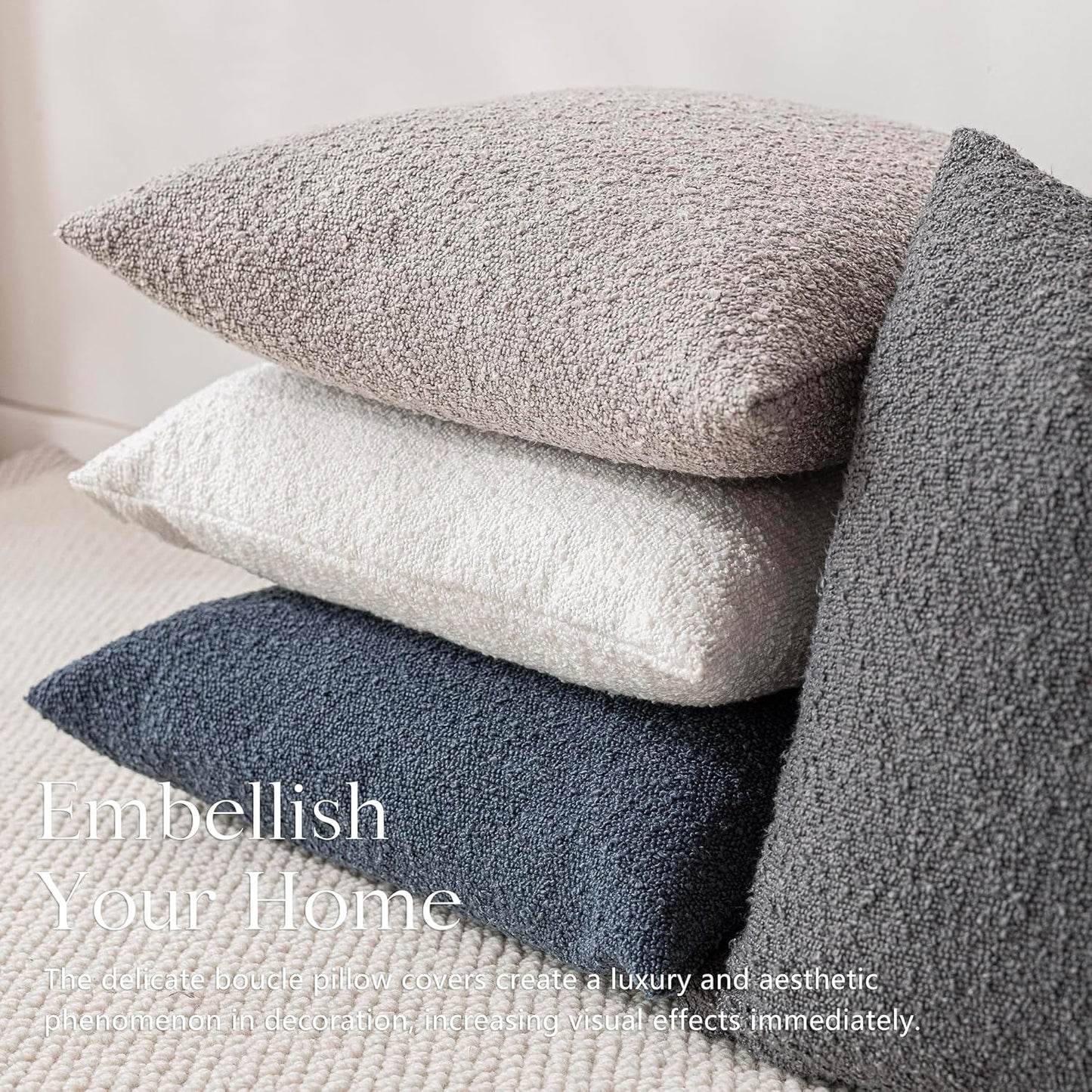 Foindtower Decorative Boucle Throw Pillow Covers Accent Solid Pillow Cases Cozy Soft Textured Couch Cushion Case for Chair Sofa Bedroom Living Room Home Decor 22 x 22 Inch,Neutral Grey