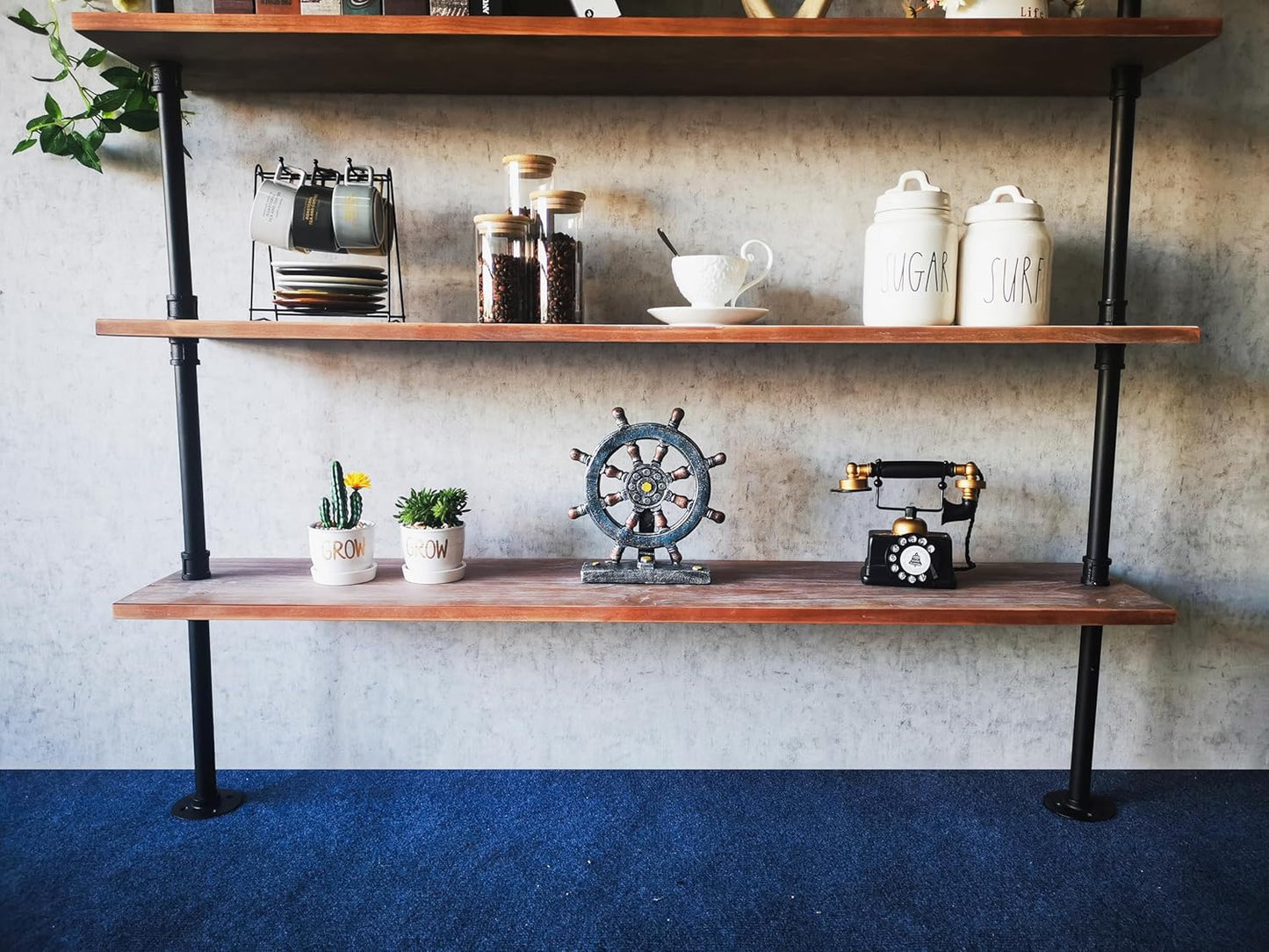 Industrial Ladder Shelves, Wall Mounted Rustic Bookshelf, Retro Wood Metal Pipe Industrial Shelves (Weathered Brown, 5 Tier - 10" D x 48" W x 70" H)