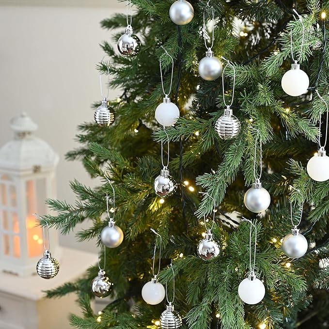 Valery Madelyn 1.57 Inches Small Christmas Tree Decorations Ornament Set for Fall Halloween, 24ct White and Silver Shatterproof Hanging Ball Ornaments Holiday Party Decor