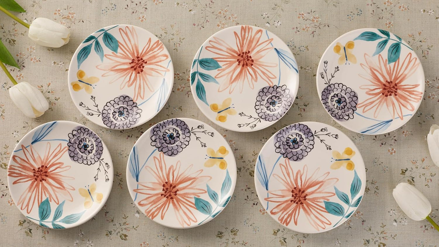 Bico Blossom Symphony Appetizer Plates Set of 6, 6 Inch Small Ceramic Dessert Plates for Snacks, Salad, Tablescape, Microwave and Dishwasher Safe, Gift for Housewarming and Thanksgiving