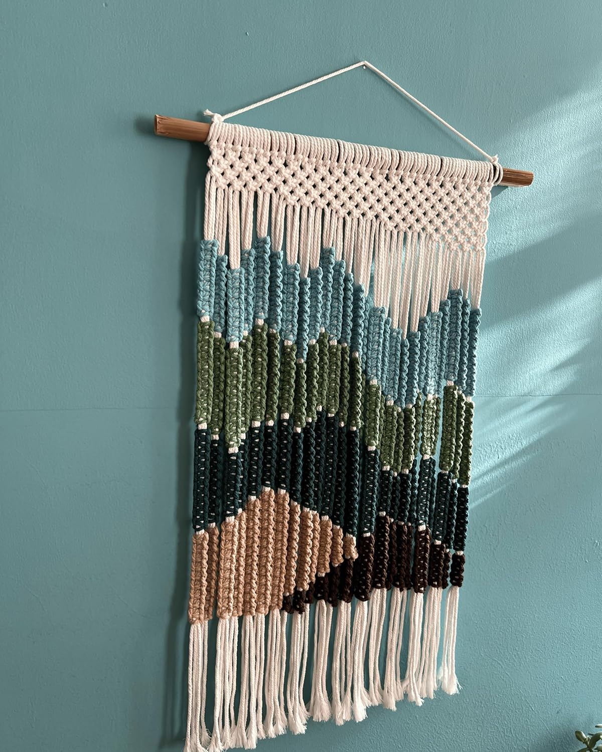 Knots & Beyond Boho Macrame Wall Hanging Green & Blue, Woven Tapestry Wall Decor, Fabric Wall Art for Living Room, 22" x 28"