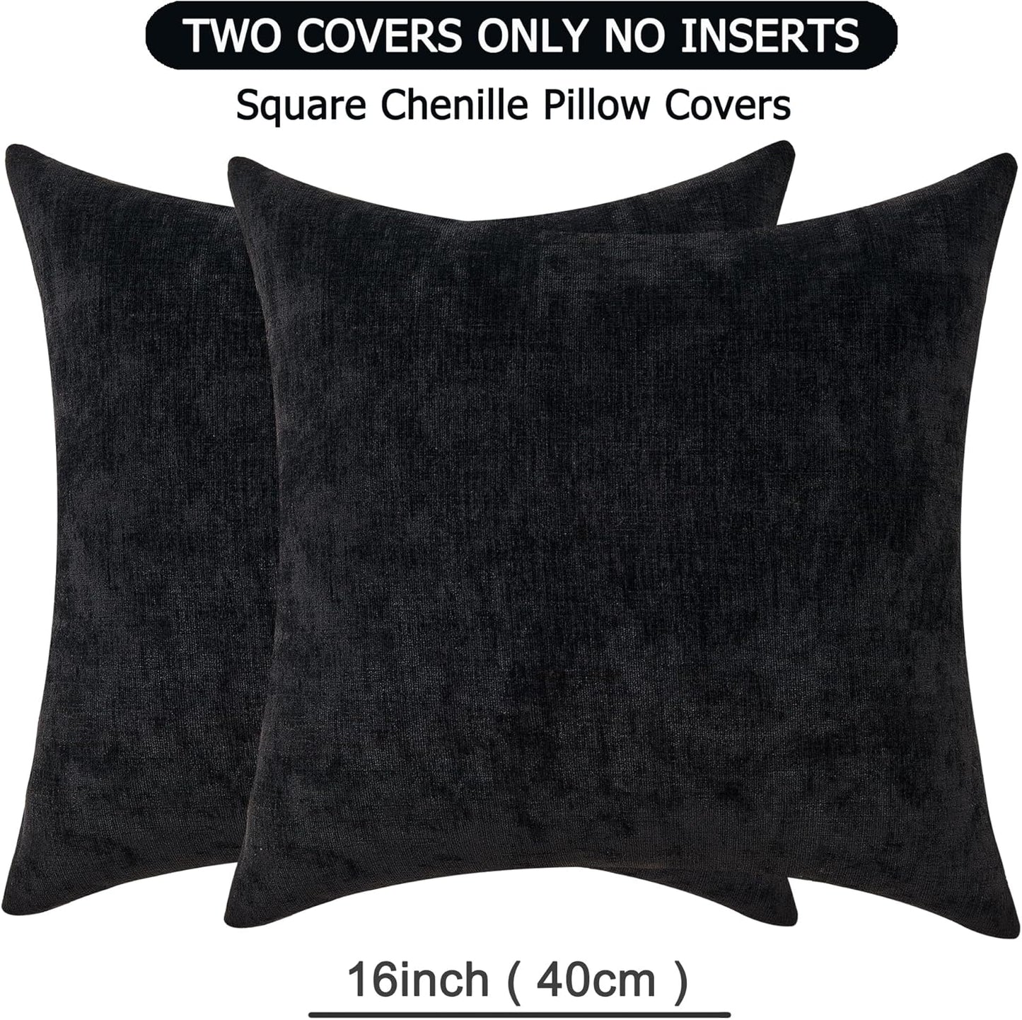 GAWAMAY Decorative Throw Pillow Covers 16x16 Inch Set of 2, Super Soft Chenille Pillows Farmhouse Fall Square Pillowcase for Living Room Bedroom Sofa Couch Cushion Cover Black 40x40cm (No Insert)