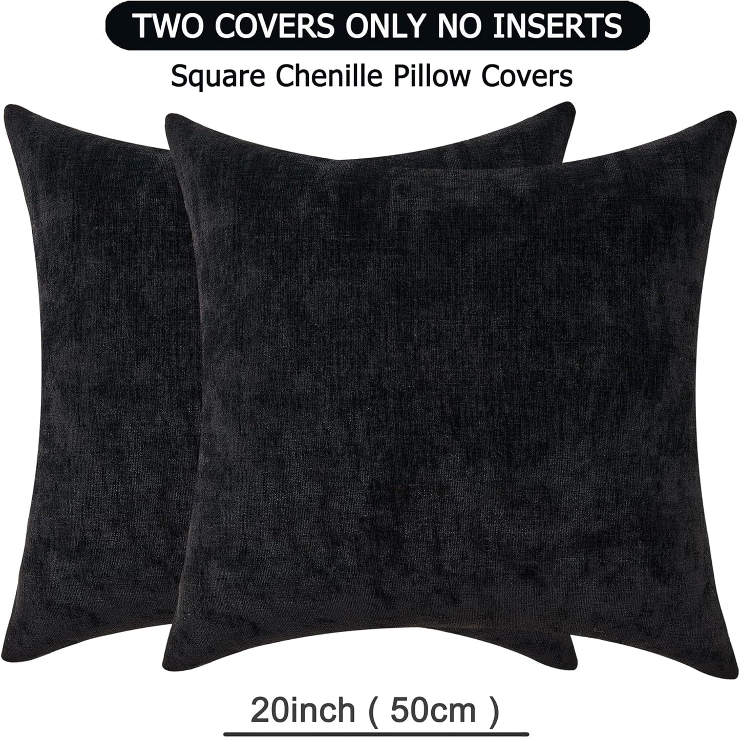 GAWAMAY Decorative Square Throw Pillow Covers 20"x20" Inch Set of 2, Super Soft Chenille Pillows Farmhouse Fall Pillowcase for Living Room Bedroom Sofa Couch Cushion Cover Black 50x50cm (No Insert)