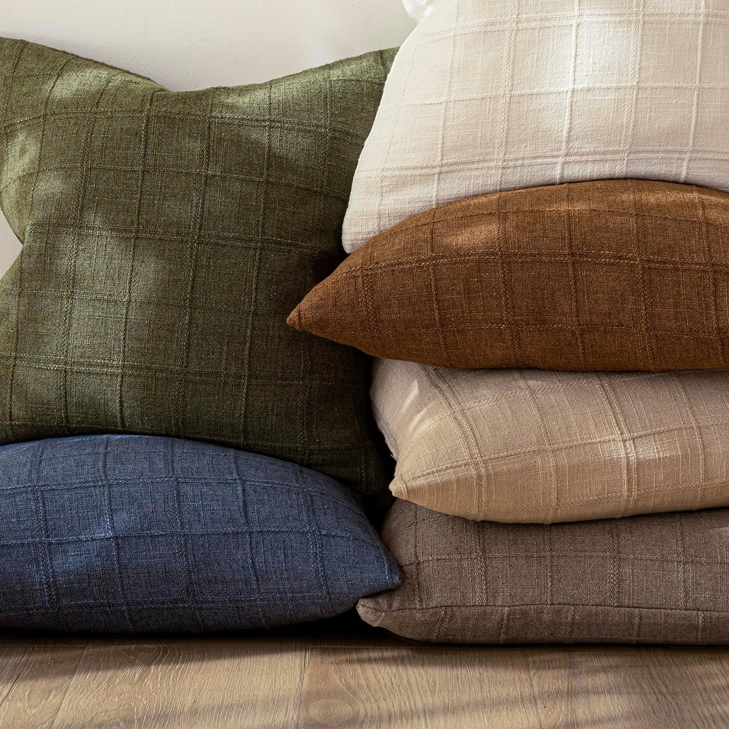 Foindtower Set of 2 Decorative Linen Check Throw Pillow Covers Neutral Farmhouse Vintage Cushion Covers Modern Boho Home Decor for Sofa Chair Couch Bedroom Living Room,18×18 Inch,Tan Taupe