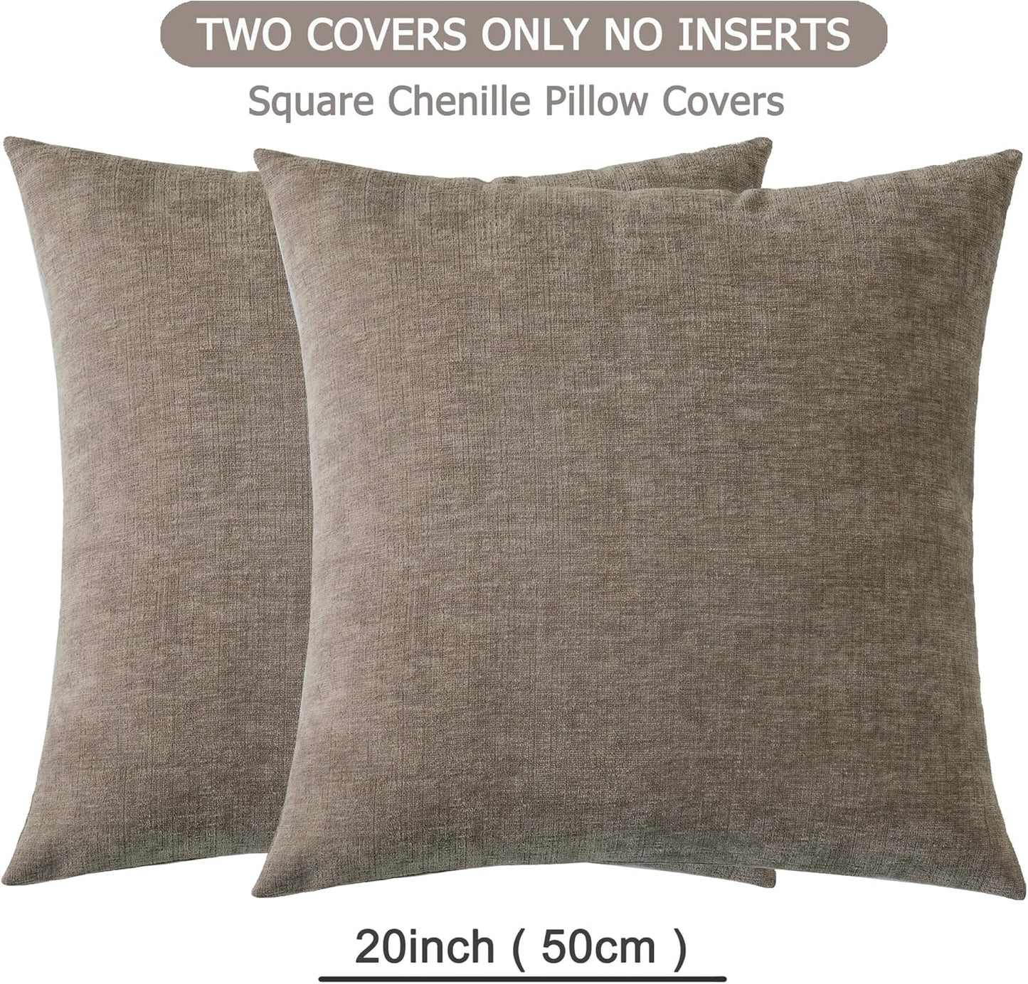 GAWAMAY Decorative Square Throw Pillow Covers 20"x20" Inch Set of 2, Super Soft Chenille Pillows Farmhouse Fall Pillowcase for Living Room Bedroom Sofa Couch Cushion Cover Taupe Grey 50x50cm