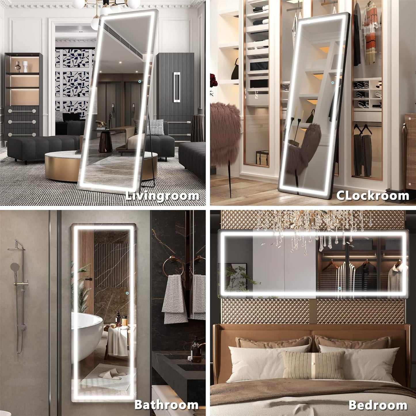 Hasipu Full Length Mirror with Lights, 65" x 22" LED Floor Mirror, Full Body Dressing Standing, Hanging Mounted Mirror for Living Room Bedroom Cloakroom, Round Black