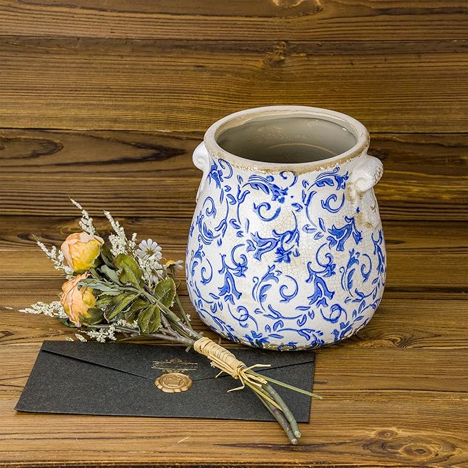 Vintage Blue Ceramic Ice Crack Glaze Flower Pot with Drainage Holes and With Handle, Country Rustic Planters for Indoor and Outdoor,Tuscan Decor,Home,Living Room, Garden Decor, Gardening Gift (Blue)