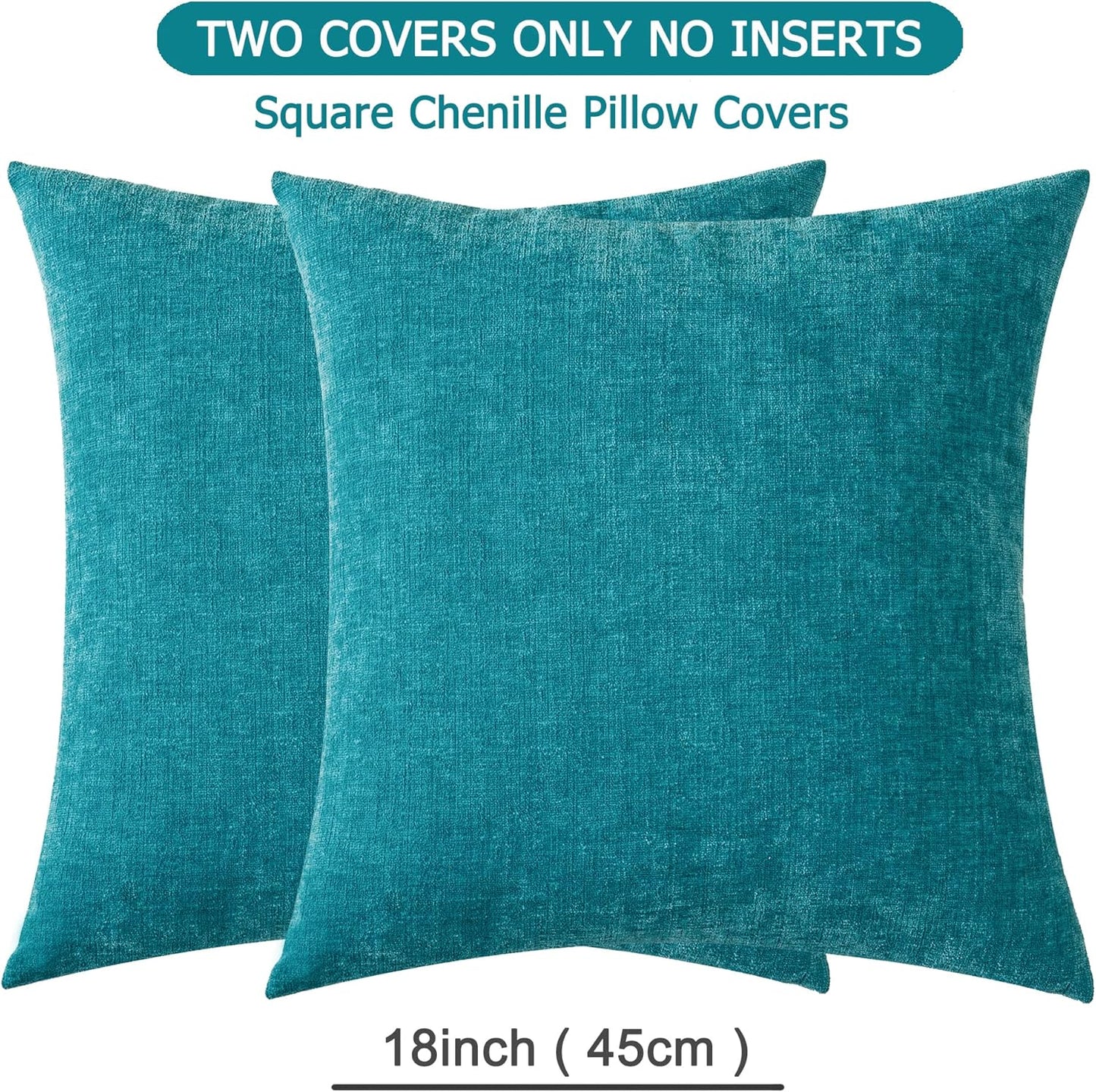 GAWAMAY Decorative Square Throw Pillow Covers 18"x18" Inch Set of 2, Super Soft Chenille Pillows Cover Fall Pillowcase for Living Room Bedroom Sofa Couch Cushion Cover Teal 45x45cm (No Insert)