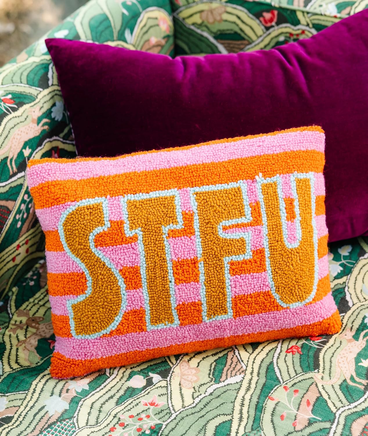 FURBISH Hook Decorative Throw Pillow - STFU - 12"x16" - Small Embroidered Designer Pillow for Living Room, Couch, Sofa, Chair & Bed - Eclectic Home Decor