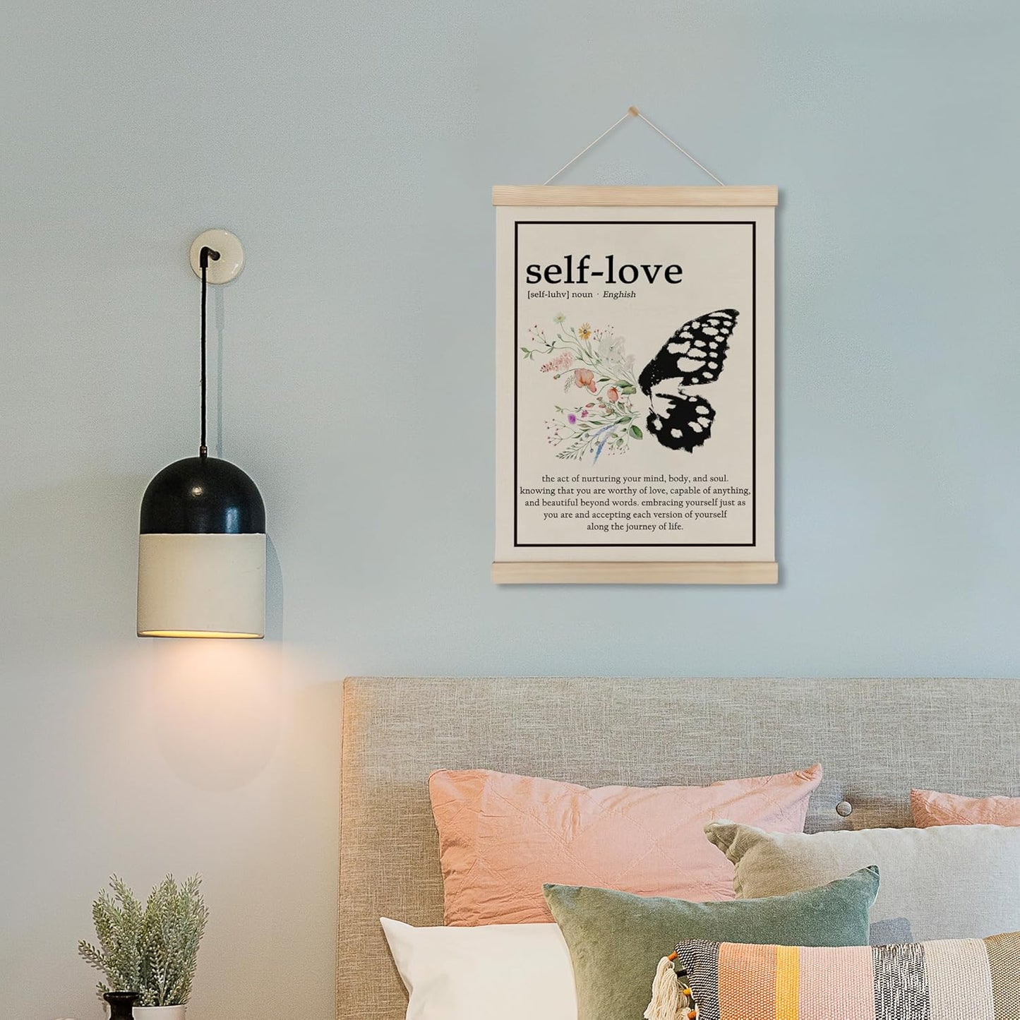 HRQKO Inspirational Self Love Definition Poster Hanger Frame, Mental Health Decor, Self Love Gifts Wall Art with Wooden Frames, Butterfly Floral Wall Hanging Banner for Women Girls Office, 12x16 Inch