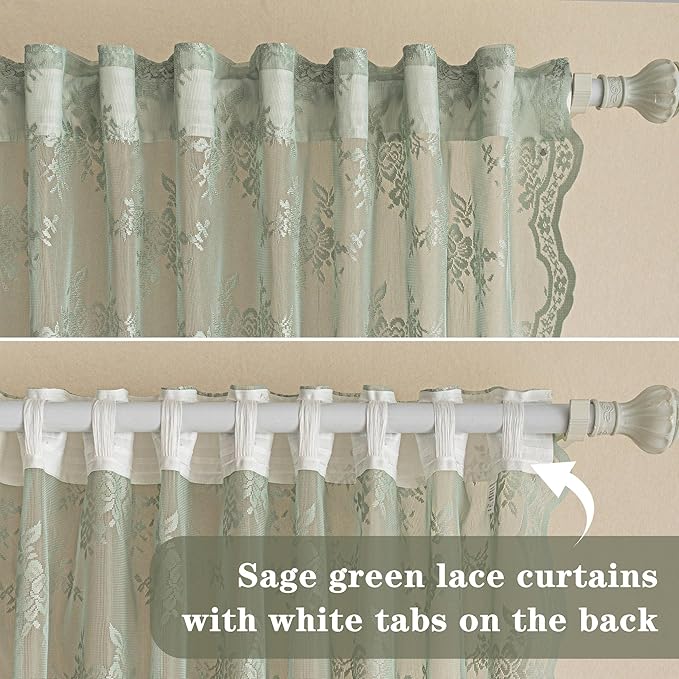 MEETSKY Boho Lace Curtains 45 Inch Length 2 Panels Set Vintage French Sheer Kitchen Curtains for Small Windows Back Tab Rod Pocket Transparent Light Filtering Drapes, 50" W Each Panel, Sage Green