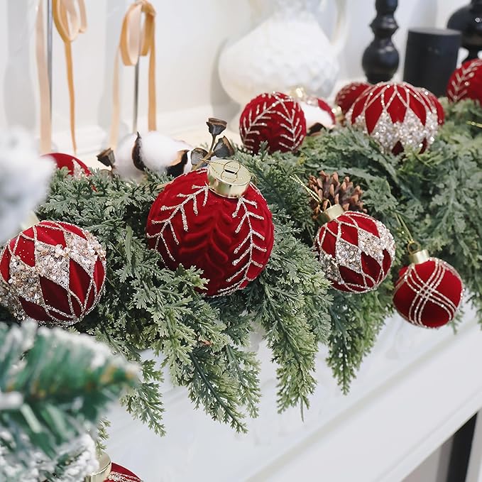 4inch Velvet Ornaments for Christmas Tree, 9PCS Glitter Flocked Christmas Ornaments Decorations Balls Set Decor Red