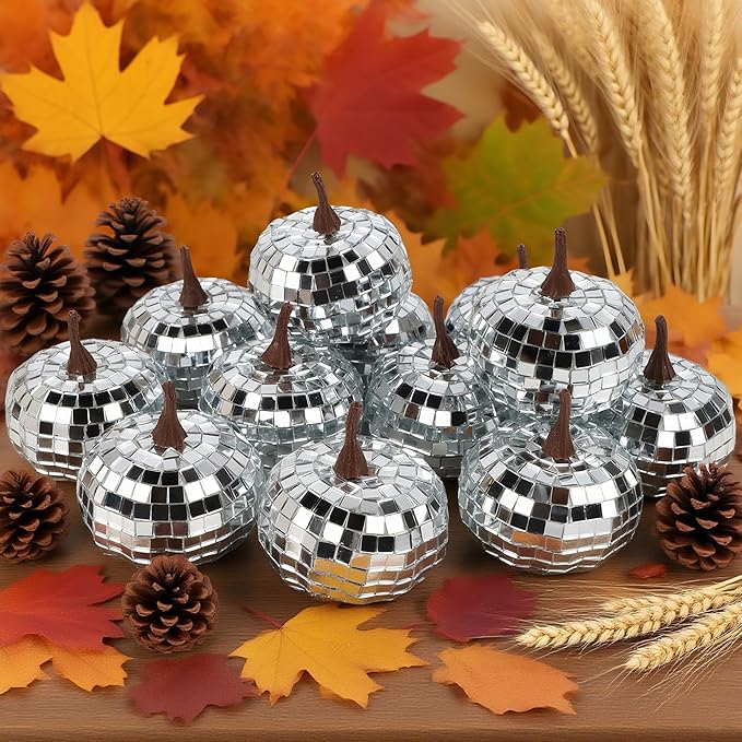 winemana 12 Pack Silver Pumpkin Fall Decor, Foam Glitter Pumpkins for Decorating Mini Artificial Craft Pumpkins for Thanksgiving Table Party Harvest Decorations