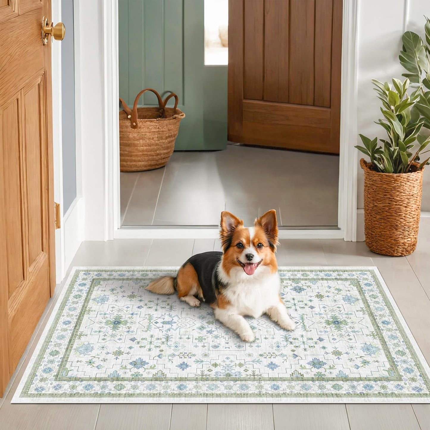 Blue and Green Washable Rugs 3x4 - Vintage Boho Floral Pastel Cream, Washable Low Pile Non Slip Small Throw Accent Area Rug for Bathroom, Door Mat Indoor Entrance, Kitchen, Bedroom Beside Bed Decor