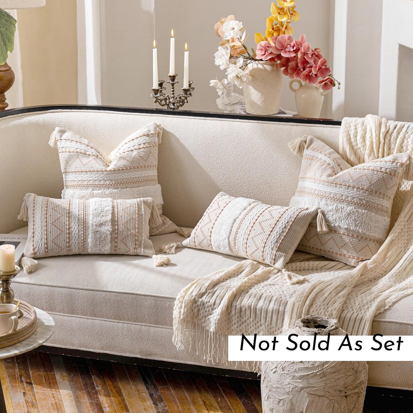 BlissBlush Decorative Throw Pillow Cover 20x20 Square Cream Neutral White Boho Accent Pillowcase Tassels Farmhouse Cushion for Couch Sofa Bedroom Living Room Home Décor (Cover ONLY, Pack of 1)