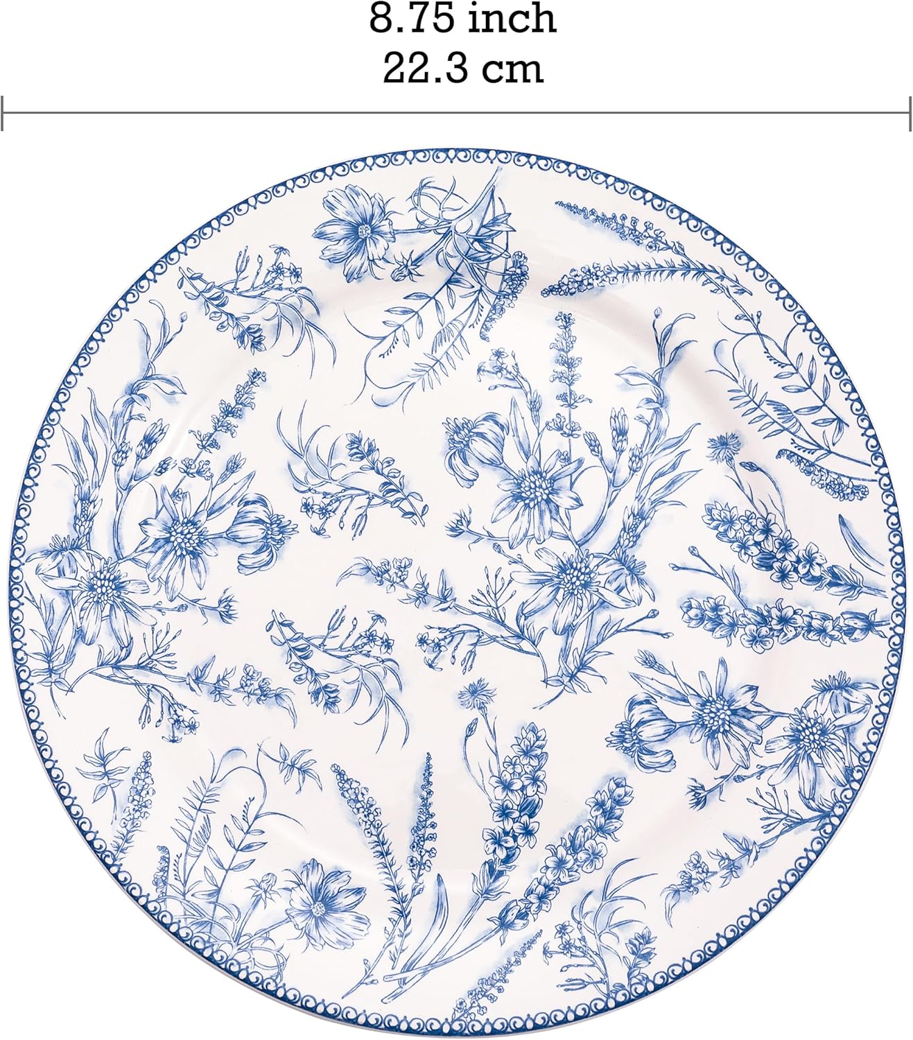 Bico Blue Garden Toile De Jouy Salad Plates Set of 4, 8.75 Inch Ceramic Dessert Plates for Salad, Appetizer, Side Dishes, Microwave and Dishwasher Safe, Gift for Housewarming and Thanksgiving