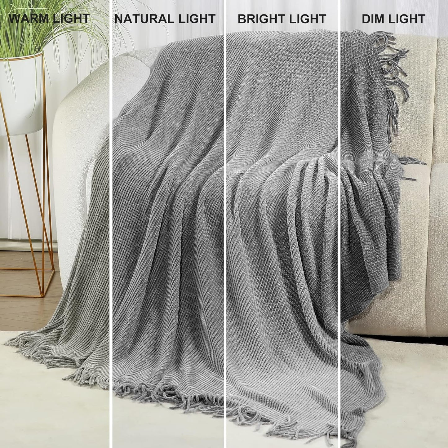 Blagic Grey Throw Blanket for Couch Soft Farmhouse Chenille Boho Throw Blanket with Tassels Home Decorative Lightweight Throw Blankets, Throws for Bed/Chair/Sofa, Stripe Textured (Light Grey,50"x60")