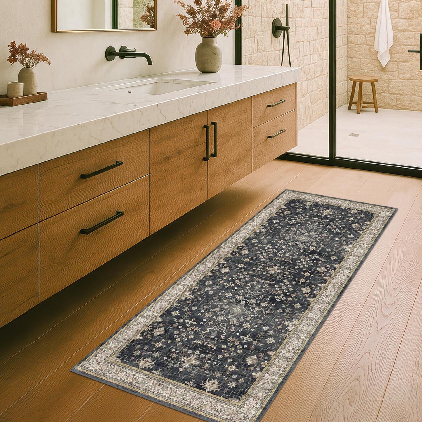 Black Entryway 2x5 Runner Rug, Small Throw Runners for Kitchen Bedroom Bathroom Laundry Room, Vintage Floral Decor & Non-Slip Low-Pile Washable Stain Resistant, Dark Ashen Charcoal