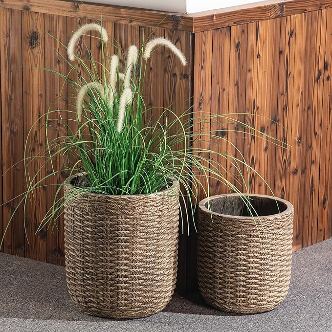 Yundu Concrete Planter Set of 2, The planters for Outdoor Plants, 14.5 & 12 inch pots for Plants,The Tall Planter with Drain Hole Suitable for Home, Office and Outdoor décor