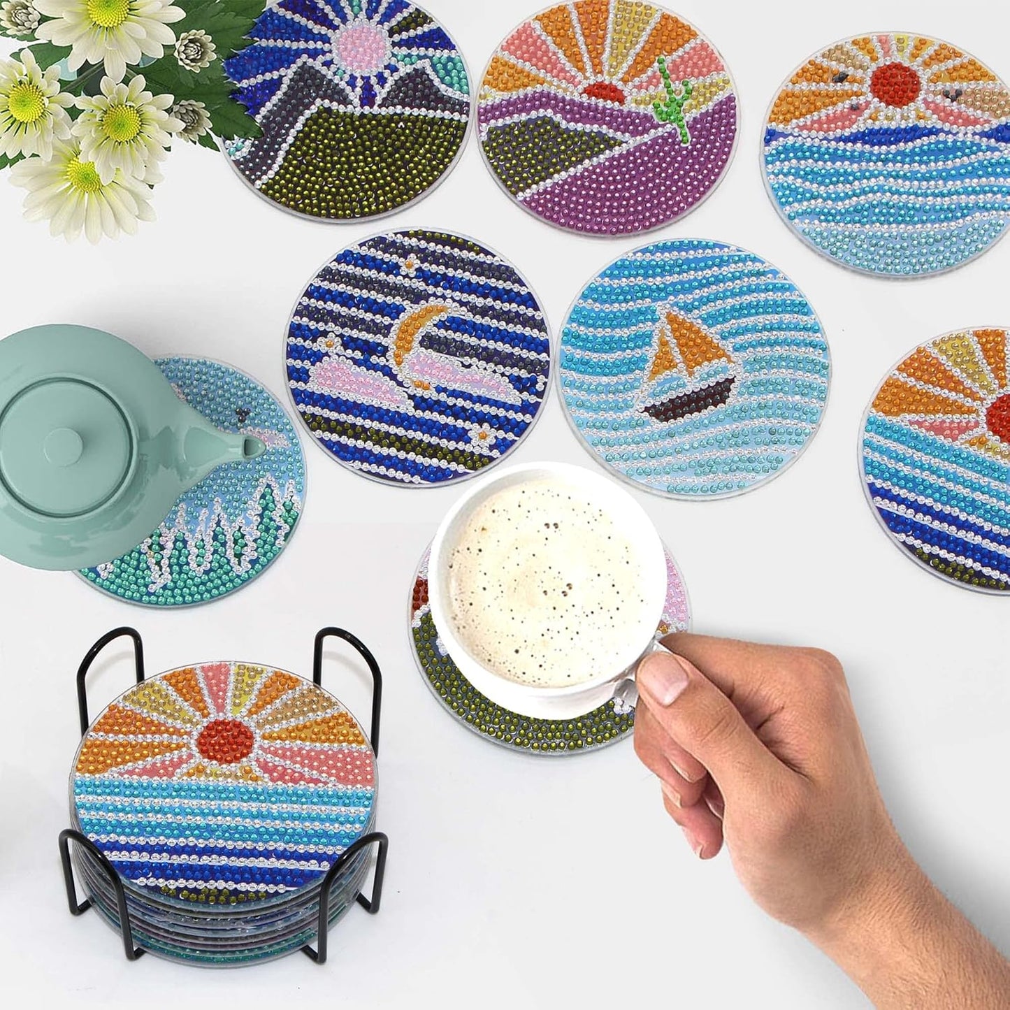 Diamond Art Coasters Kit with Holder, 8 Pcs Diamond Art Coasters for Adults Kids Beginners Crafts Gifts (Sun-Moon)