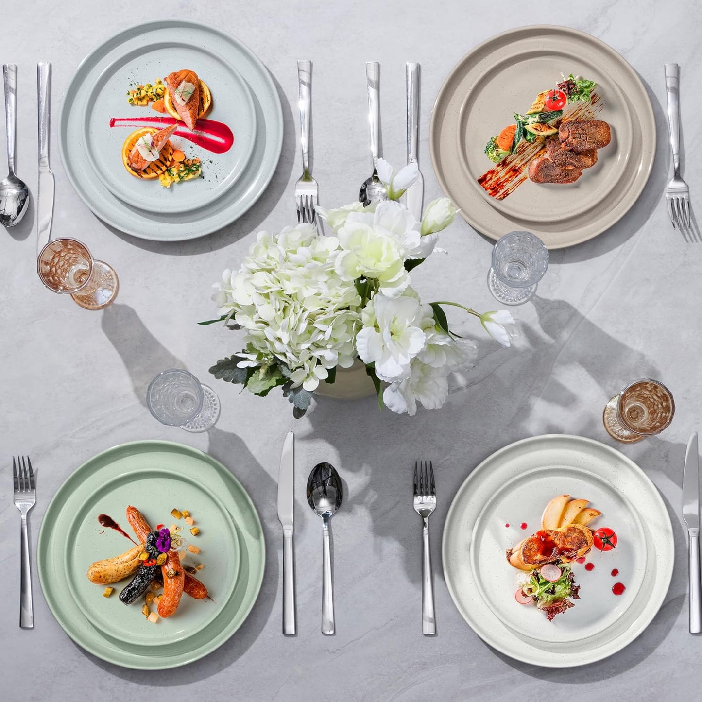 LIANYU Dinner Plates Set of 4, 10.5 Inch Stoneware Plate for Kitchen Dining, Large & Round Ceramic Salad Dishes Set, Microwave, Oven & Dishwasher Safe, Scratch Resistant, Stackable, Snowy White