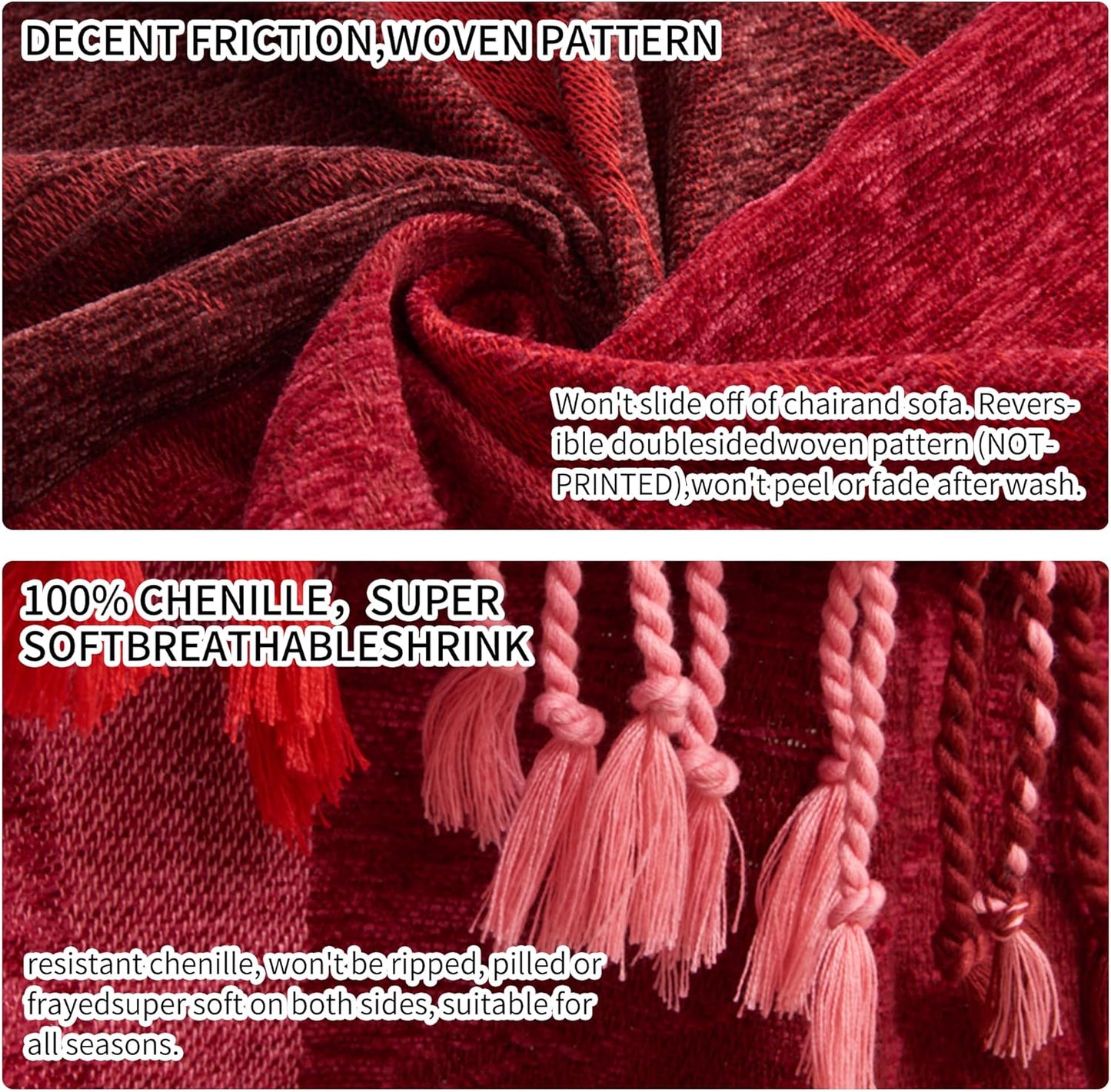 Bohemian Chenille Jacquard Tassel Throws - Reversible Red&Pink Maple Leaf Design for Boho Hippie Vibes - Oversized Blankets for Large Couch, Furniture, Sofa, Chair…