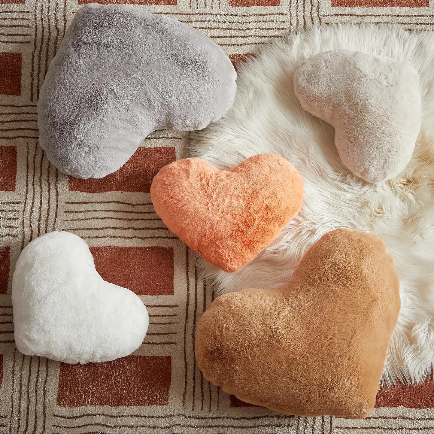 EastTree Heart Pillows, Beige Heart Shaped Pillows, Love Throw Pillows Gifts, Ultra Soft Faux Rabbit Fur Small Cute Pillows, Women Girls Kid Room Decor 10x13 Inch
