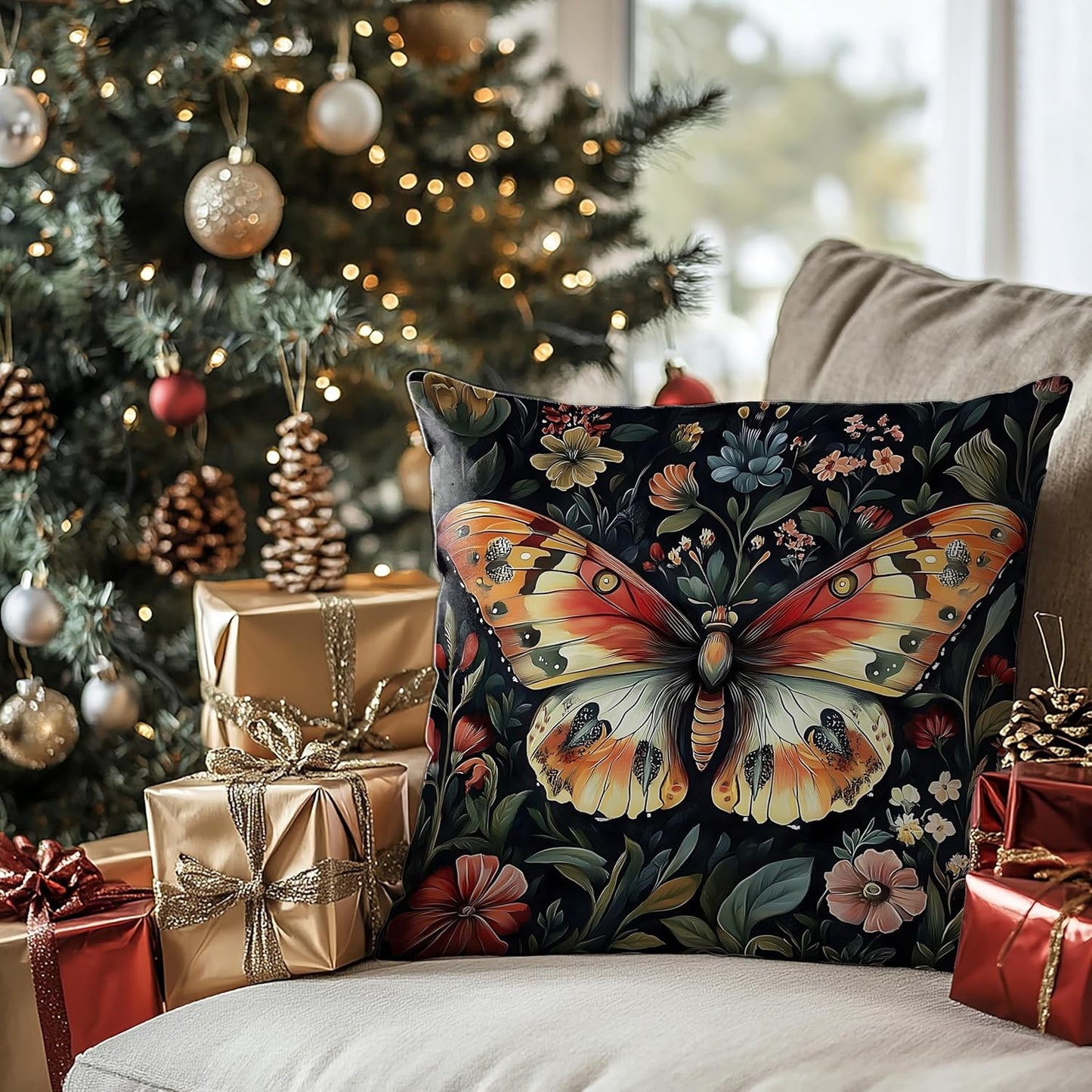 Colorful Floral Butterfly Pillow Covers 18x18, Retro Dark Cottagecore Wildflower Botanical Moth Decorative Throw Pillow Covers for Bedroom Living Room Home, Butterfly Room Decor