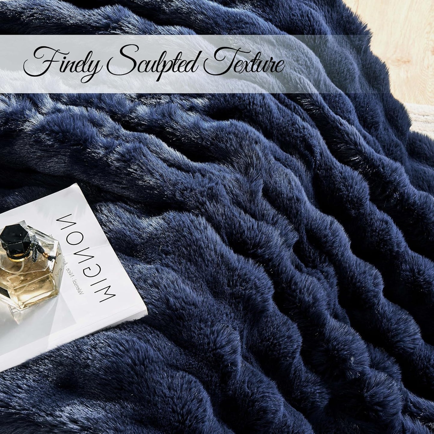 Luxury Faux Rabbit Fur Throw Blanket, Soft Bubble Fluffy Blanket Cozy Fuzzy Throw Blankets for Bed Sofa Couch, Decorative Thick Warm Plush Fuzzy Elegant Soft Mink Blanket (50" x 60", Blue)