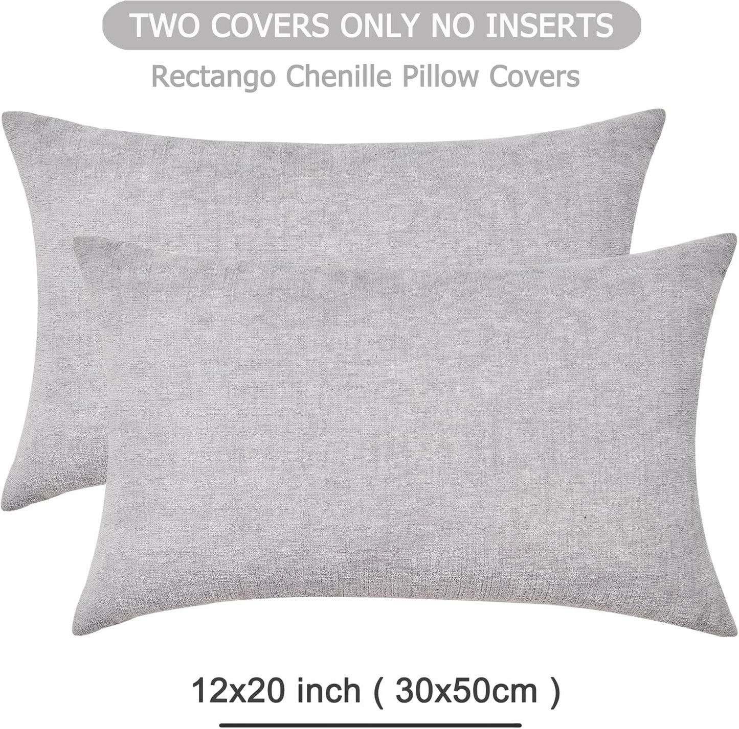 GAWAMAY Lumbar Support Pillow Decorative Throw Pillow Covers 12"x20" Inch Set of 2, Super Soft Chenille Pillowcase for Living Room Bedroom Sofa Couch Cushion Cover Light Grey 30x50cm (ONLY Covers)