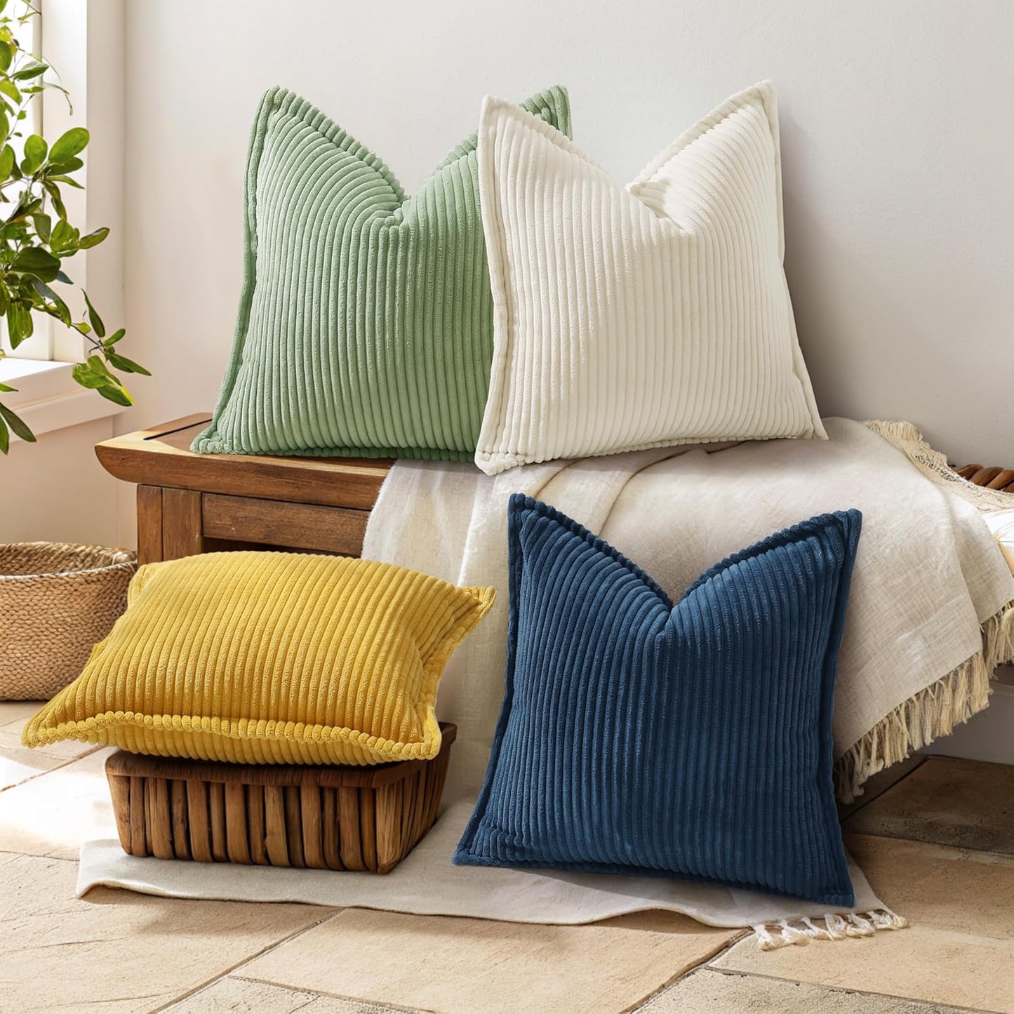 decorUhome Corduroy Navy Blue Throw Pillow Covers 24x24 Set of 2 Decorative Soft Boho Farmhouse Euro Couch Pillow Covers for Living Room Bed Sofa Broadside Striped Pillow Cases