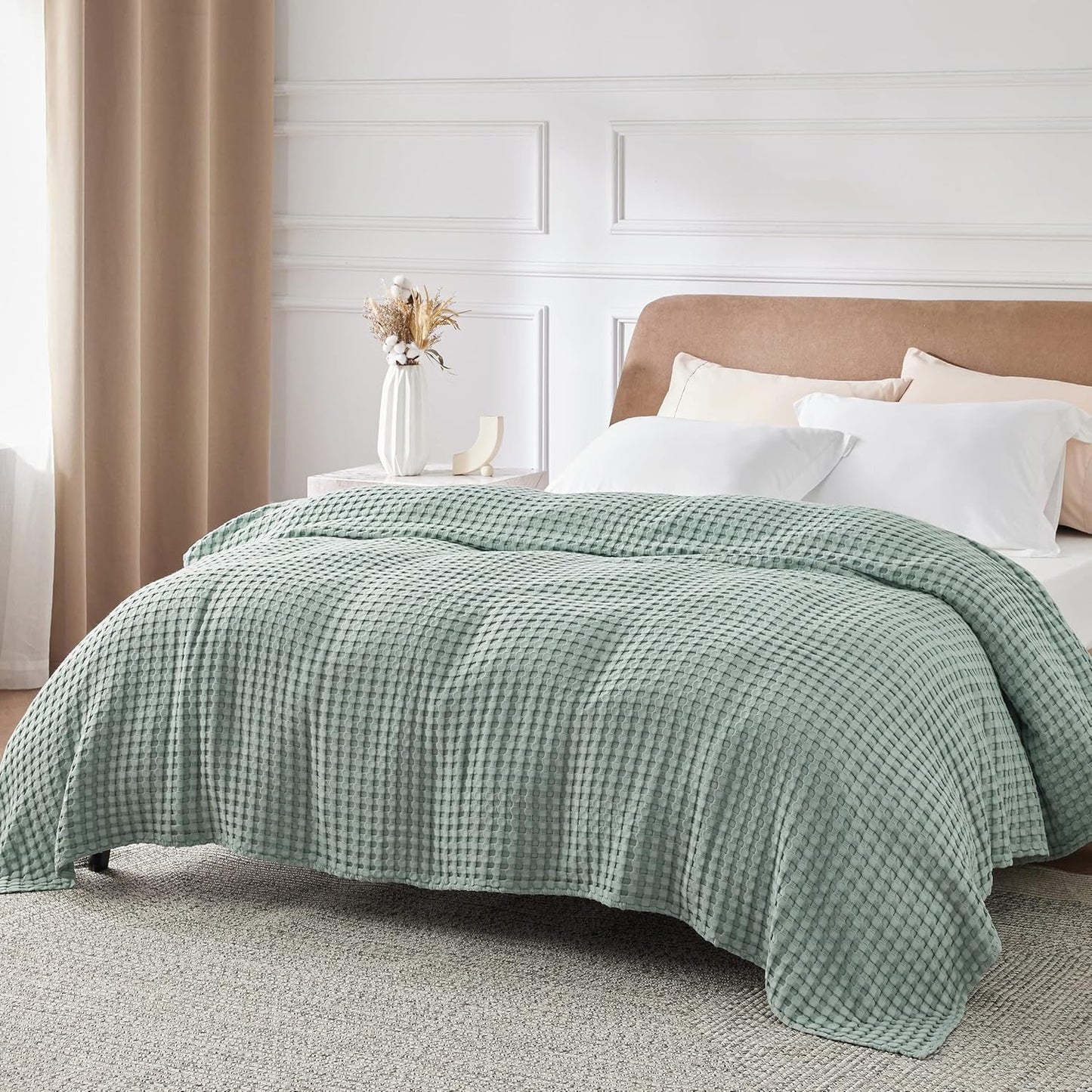 Bedsure Cooling Cotton Waffle Full Size Blanket - Lightweight Breathable Blanket of Rayon Derived from Bamboo for Hot Sleepers, Luxury Throws for Bed, Couch and Sofa, Mint Green, 80x90 Inches