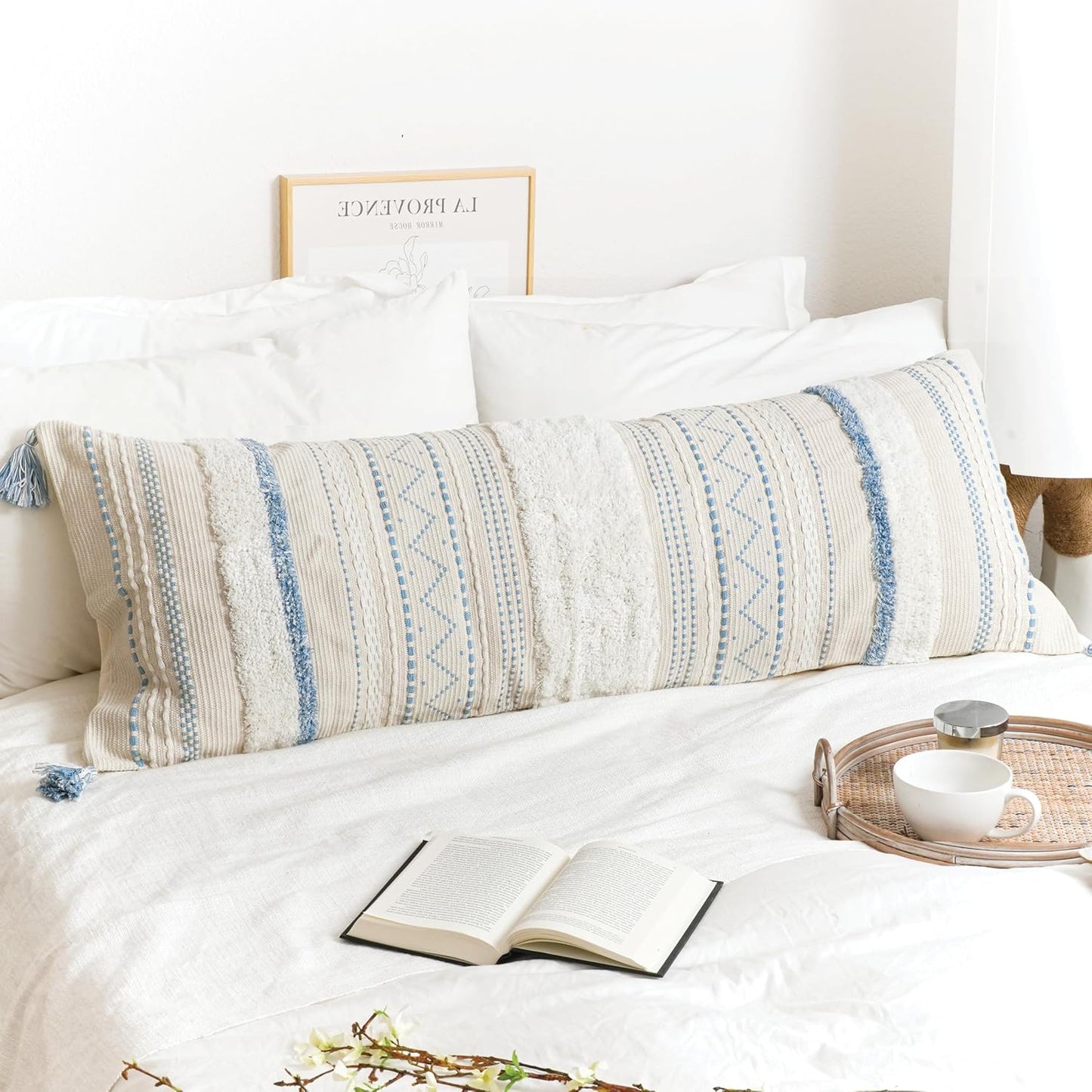 BlissBlush Large Body Pillow Cover for Bed 20x54 Coastal Blue Boho Accent Oversized Long Pillowcase for Bedroom Decorative Cushion Farmhouse Home Décor (Cover ONLY, Pack of 1)