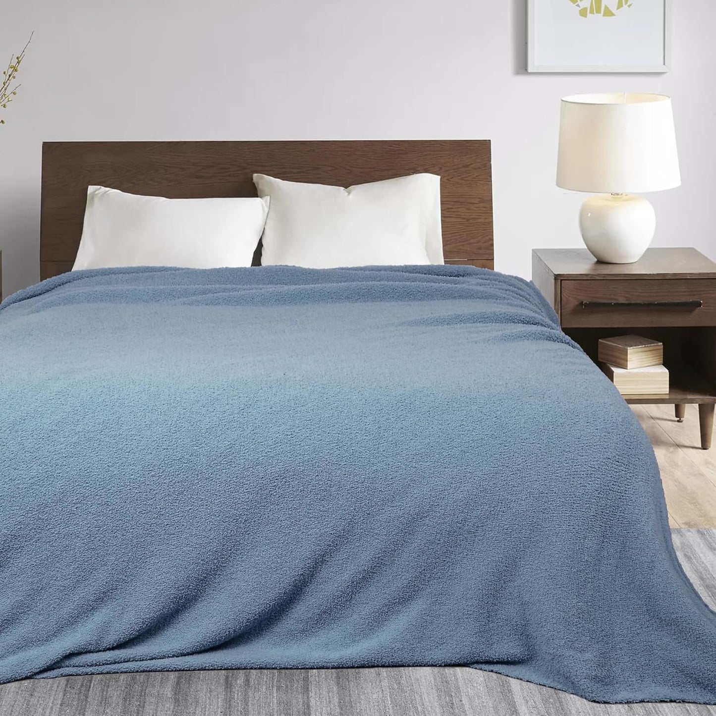 JOOJA Cream White Blanket Warm Queen Size Fuzzy Knitted Blanket, Oversized Luxury Bed Blankets, Soft Queen Blanket for Bed, Lightweight Plush Blanket Queen Size for Cozy Nights (Dusty Blue, 90x90)