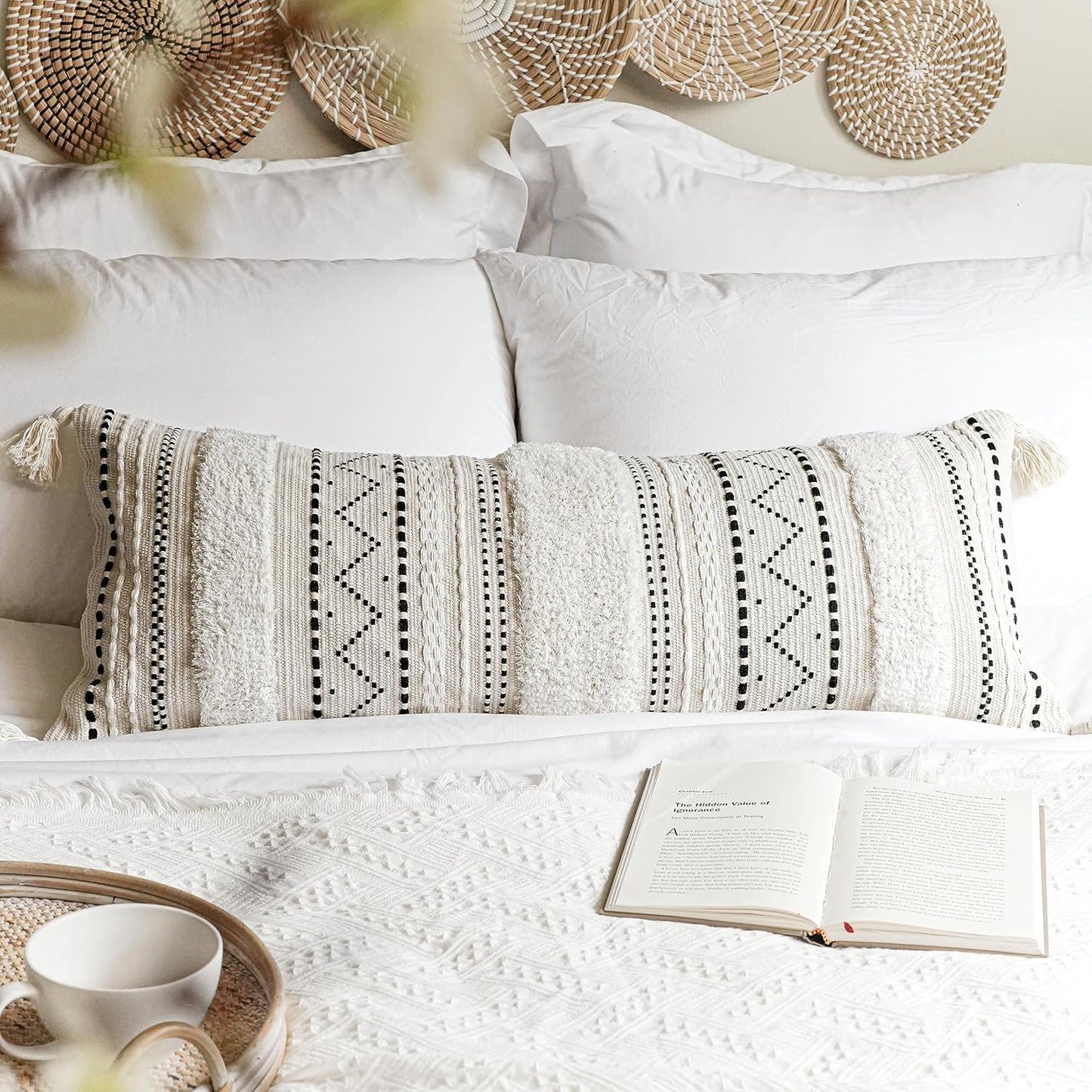 BlissBlush Black Neutral Decorative Lumbar Throw Pillow Cover 14x36 Boho Long Cushion for Bed Accent Farmhouse Pillowcase for Bedroom Living Room Couch Sofa Home Décor (Cover ONLY, Pack of 1)