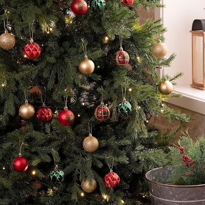 Valery Madelyn Christmas Ornaments Set, 30ct 2.36 Inches Red Green and Gold Shatterproof Christmas Tree Decorations Ball Ornaments Bulk, Traditional Country Hanging Decor for Xmas Holiday Party