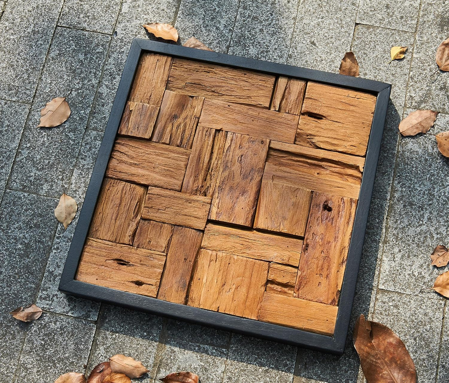 Greenage Reclaimed Teak Wood Wall Decor 17"x17" Farmhouse Square Wall Art Rustic Wooden Wall Hanging Decoration Rectangular Geometric Framed Wall Panel Shape for Home Living Room Bedroom