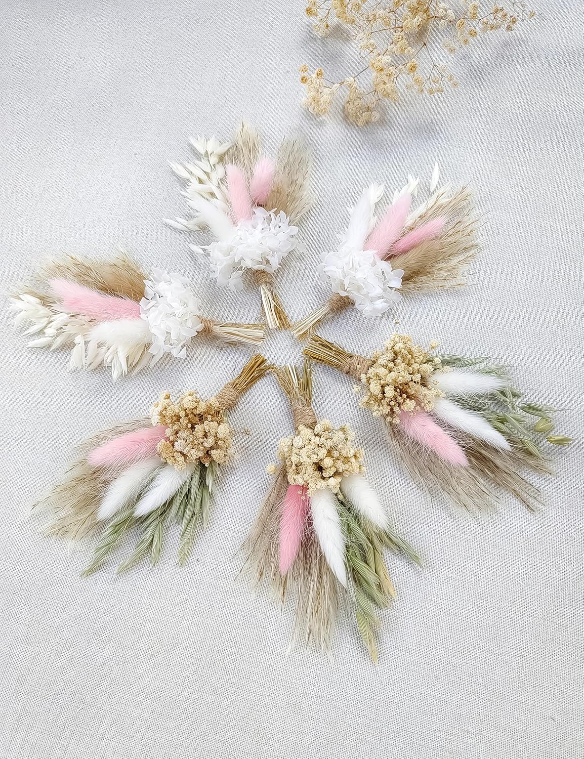 Mini Dried Flower Bouquet (Pack of 6), Dried Pampas Grass, Groom and Best Man Boutonnieres, Dried Cake Flowers, Gift Box Filler, Boho Party Favours..(Blush)