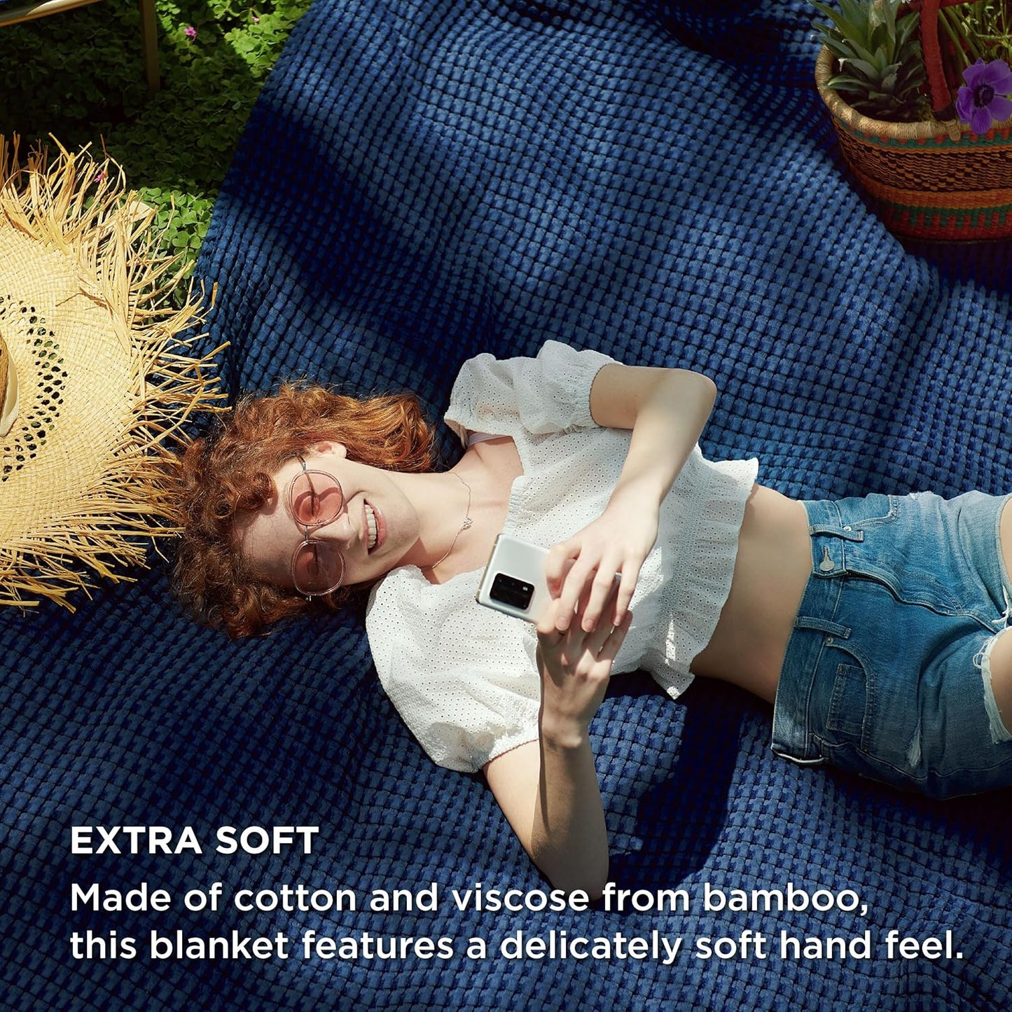 Bedsure Cooling Cotton Waffle Oversized King Blanket - Lightweight Breathable Rayon Derived from Bamboo for Hot Sleepers, Luxury Throws for Bed and Sofa, Navy, 120x96 Inches